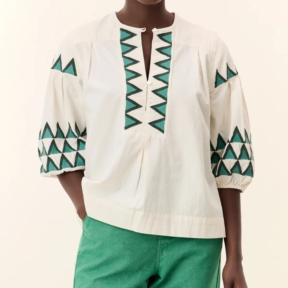 Leon and Harper The Alpha Cacia Blouse Cotton Geometric Embroidered‎ Womens XS